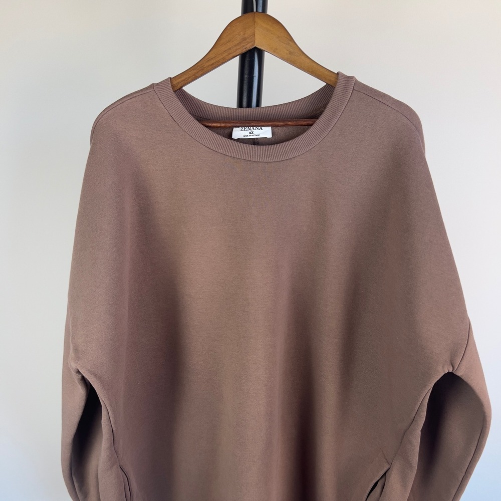 Zenana Womens 2X Brown Oversized Fleece Pockets Sweatshirt OT-2921XBA - Picture 10 of 10